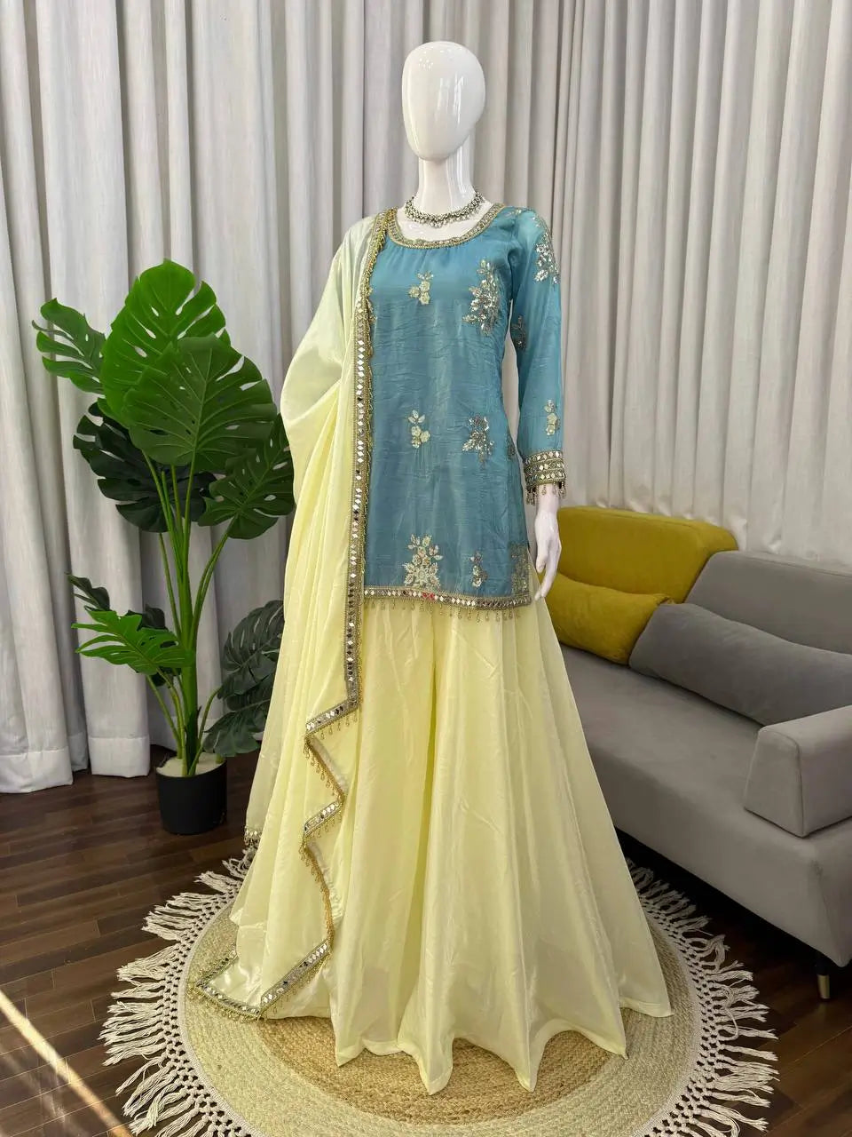 Premium Fendy Silk Palazzo Set with Mirror Work for Festive and Wedding Wear