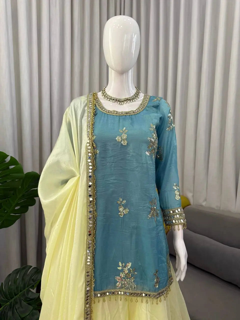Premium Fendy Silk Palazzo Set with Mirror Work for Festive and Wedding Wear
