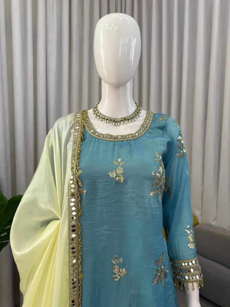 Premium Fendy Silk Palazzo Set with Mirror Work for Festive and Wedding Wear