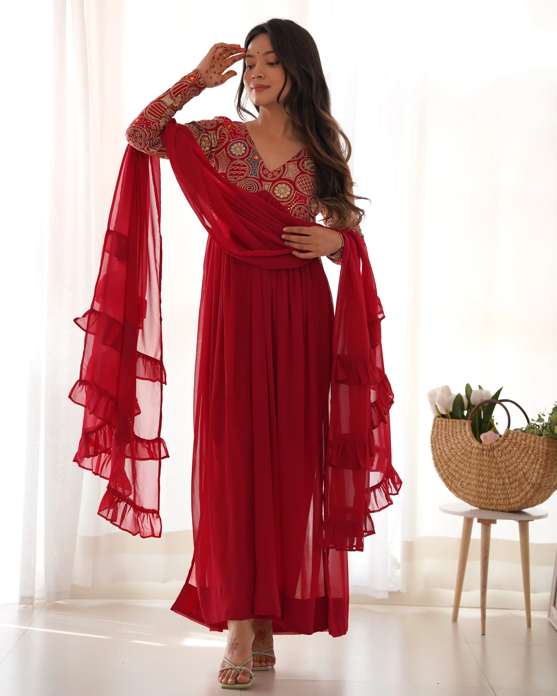 Premium Fox Georgette Embroidered Kurta Set with Frill Dupatta