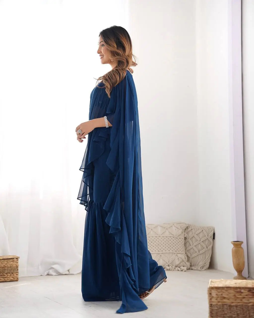 Premium Fox Georgette Embroidered Sharara Saree Set with Blouse