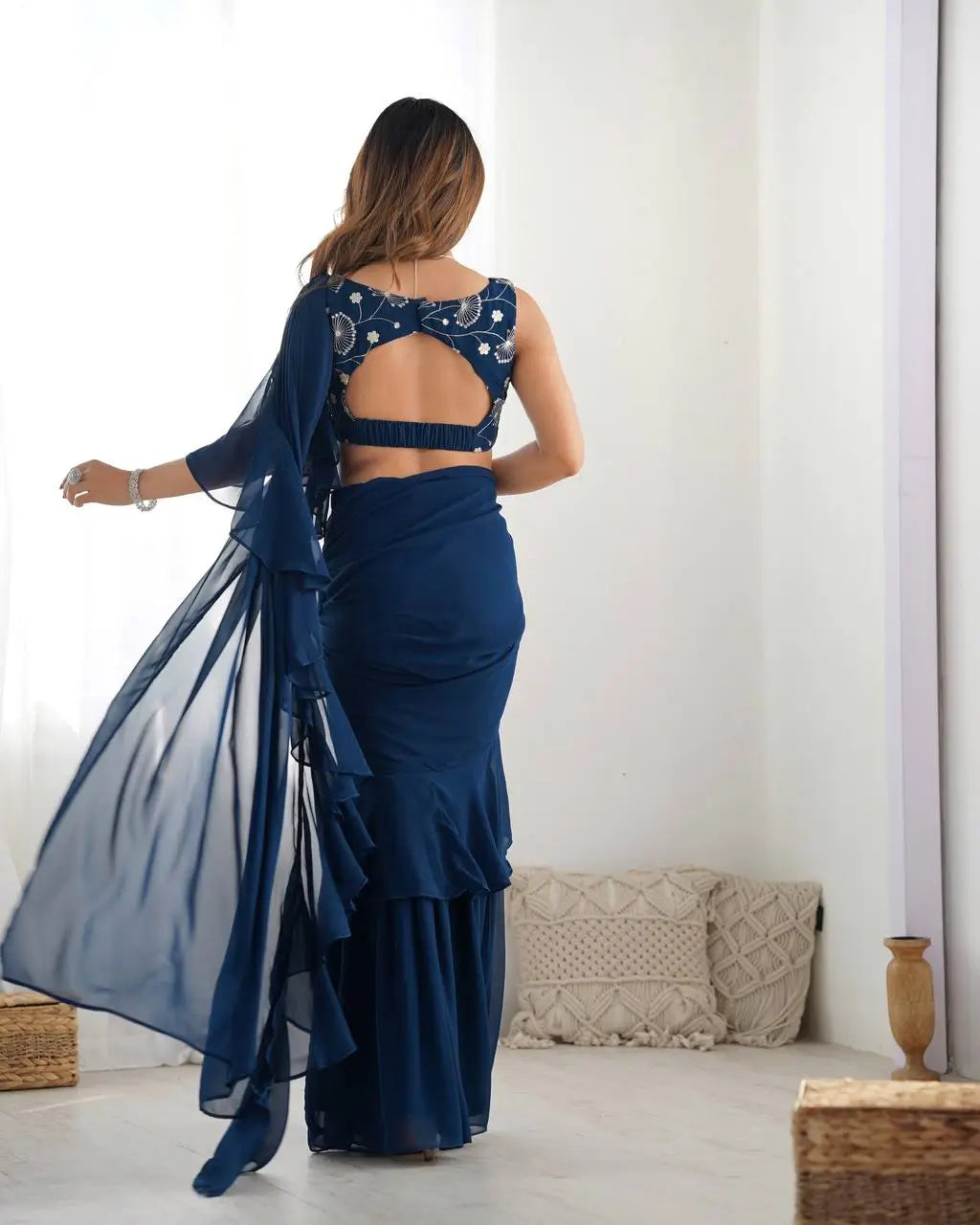 Premium Fox Georgette Embroidered Sharara Saree Set with Blouse