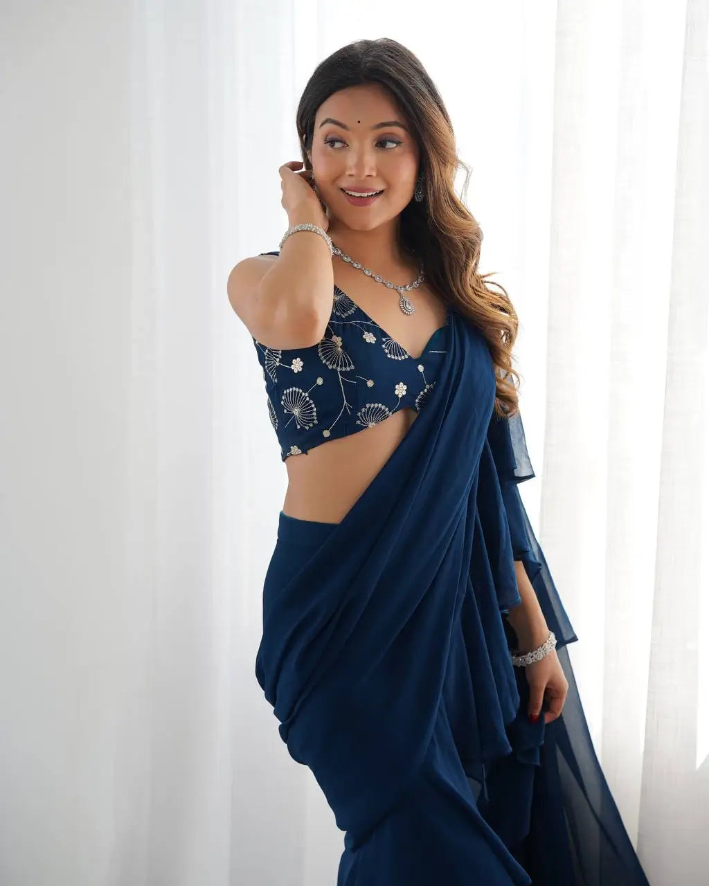 Premium Fox Georgette Embroidered Sharara Saree Set with Blouse