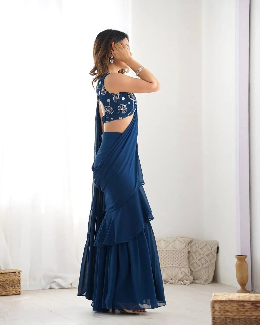 Premium Fox Georgette Embroidered Sharara Saree Set with Blouse