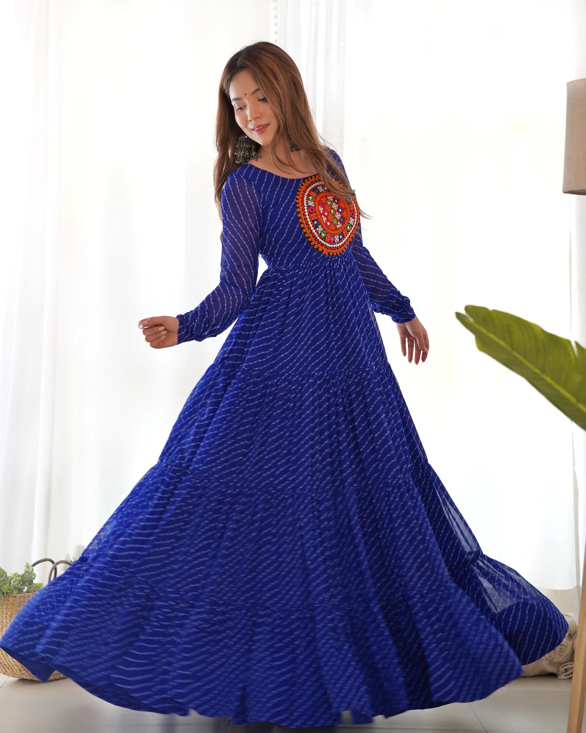 Premium Fox Georgette Laheriya Print Anarkali Gown with Gamthi Work