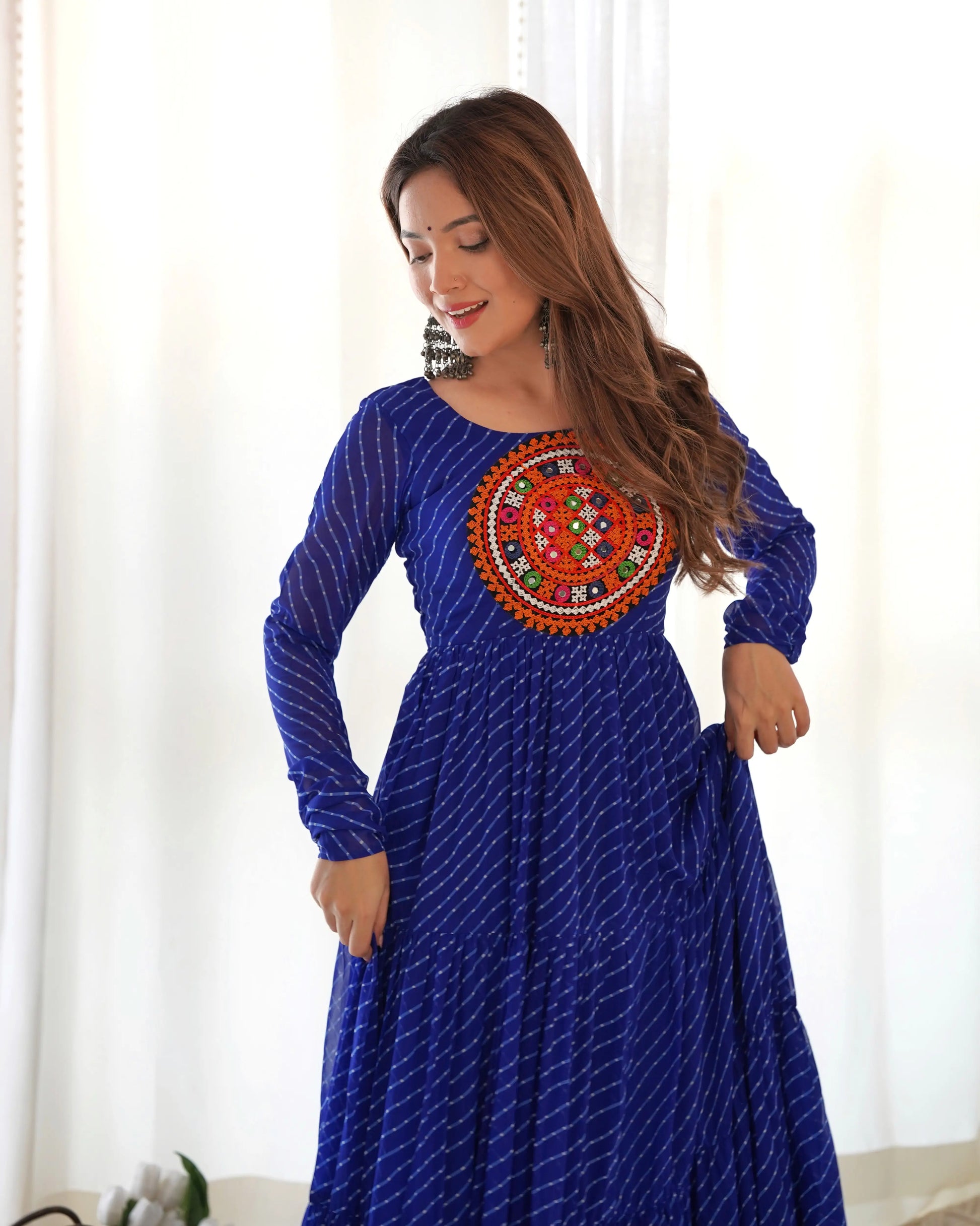 Premium Fox Georgette Laheriya Print Anarkali Gown with Gamthi Work