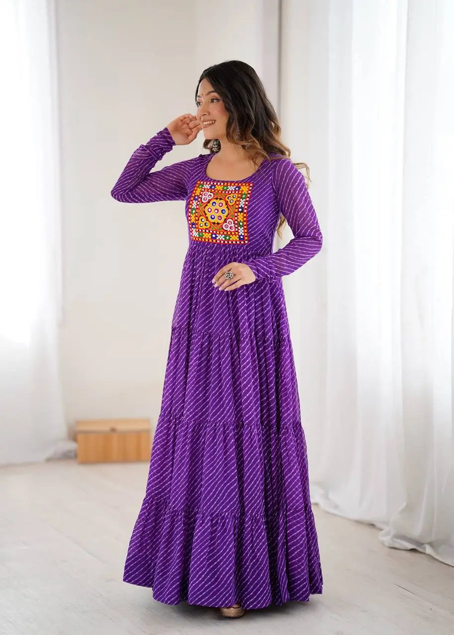 Premium Fox Georgette Laheriya Print Anarkali Gown with Gamthi Work