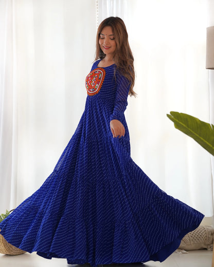 Premium Fox Georgette Laheriya Print Anarkali Gown with Gamthi Work