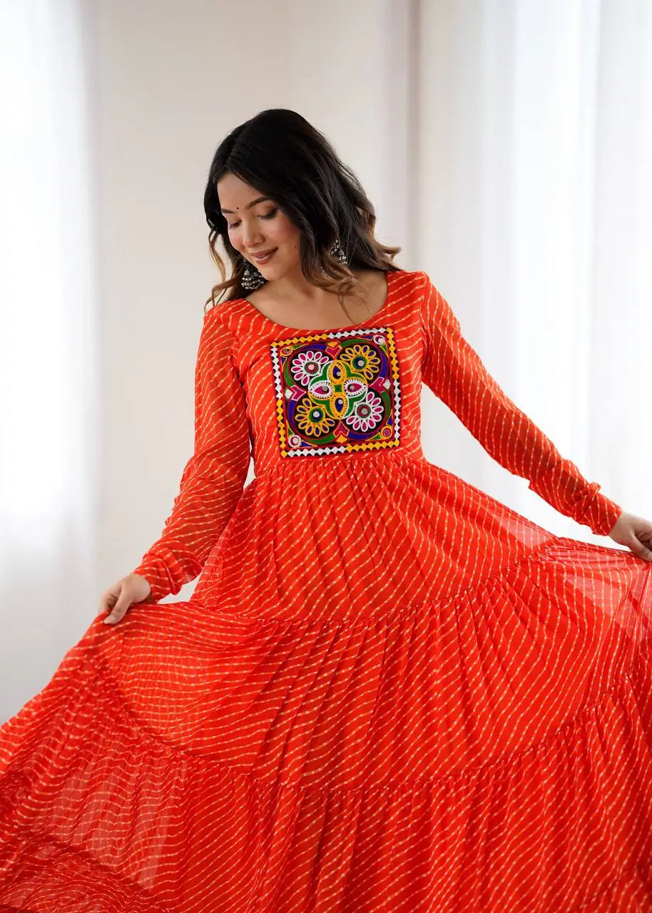Premium Fox Georgette Laheriya Print Anarkali Gown with Gamthi Work