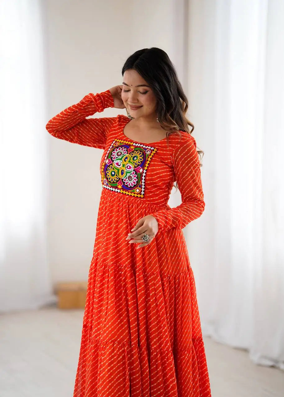Premium Fox Georgette Laheriya Print Anarkali Gown with Gamthi Work