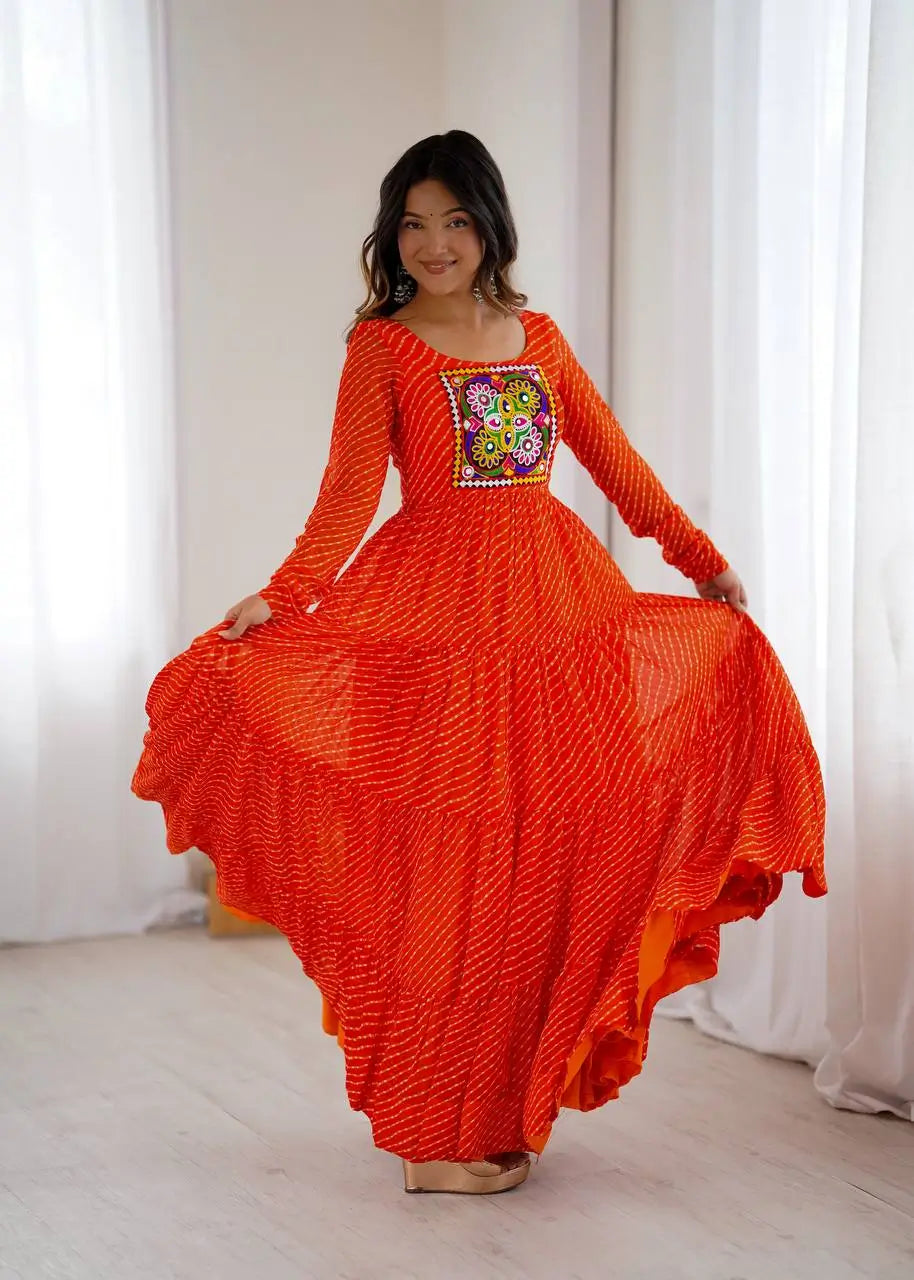 Premium Fox Georgette Laheriya Print Anarkali Gown with Gamthi Work