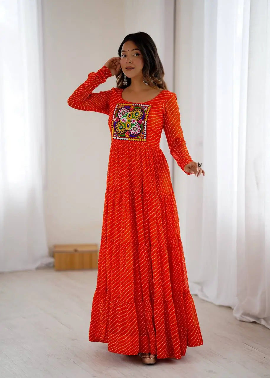 Premium Fox Georgette Laheriya Print Anarkali Gown with Gamthi Work