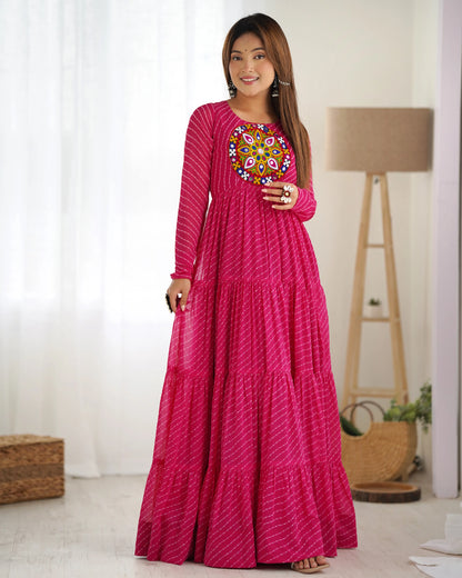 Premium Fox Georgette Laheriya Print Anarkali Gown with Gamthi Work