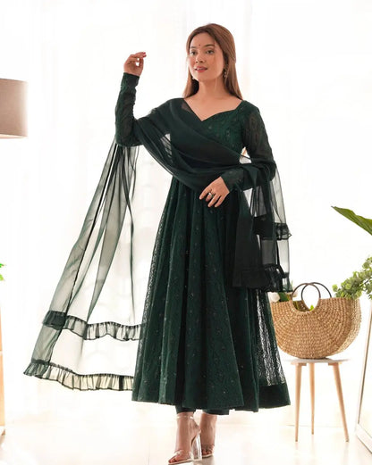 Premium Fox Georgette Lucknowi Sequence Work Anarkali Set with Ruffle Dupatta