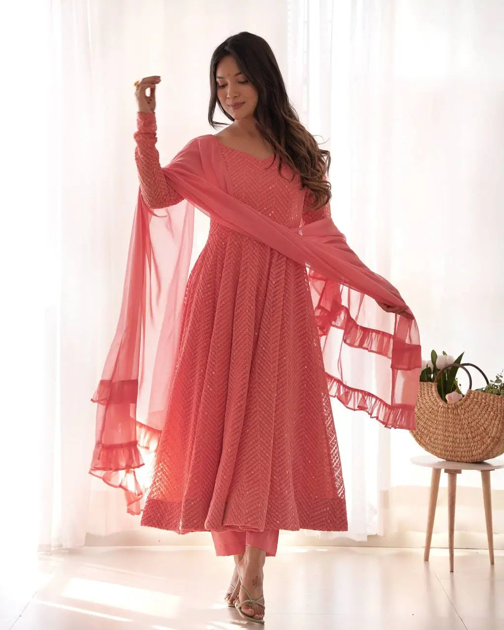 Premium Fox Georgette Lucknowi Sequence Work Anarkali Set with Ruffle Dupatta