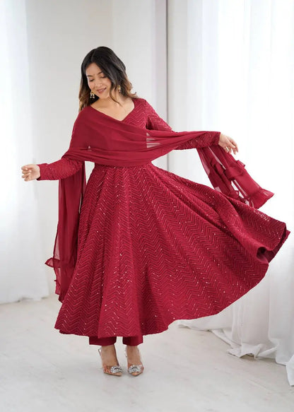 Premium Fox Georgette Lucknowi Sequence Work Anarkali Set with Ruffle Dupatta