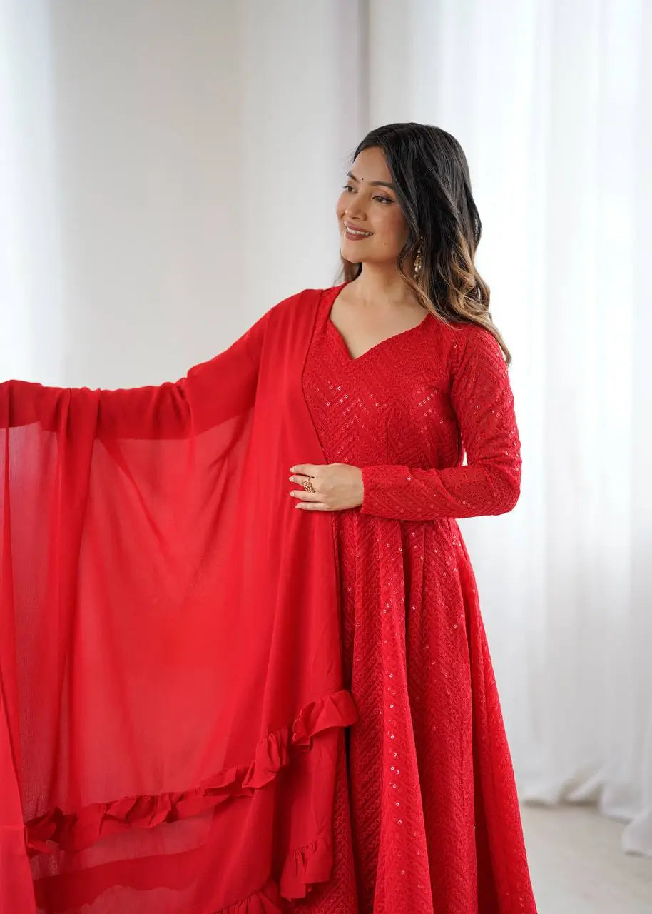 Premium Fox Georgette Lucknowi Sequence Work Anarkali Set with Ruffle Dupatta