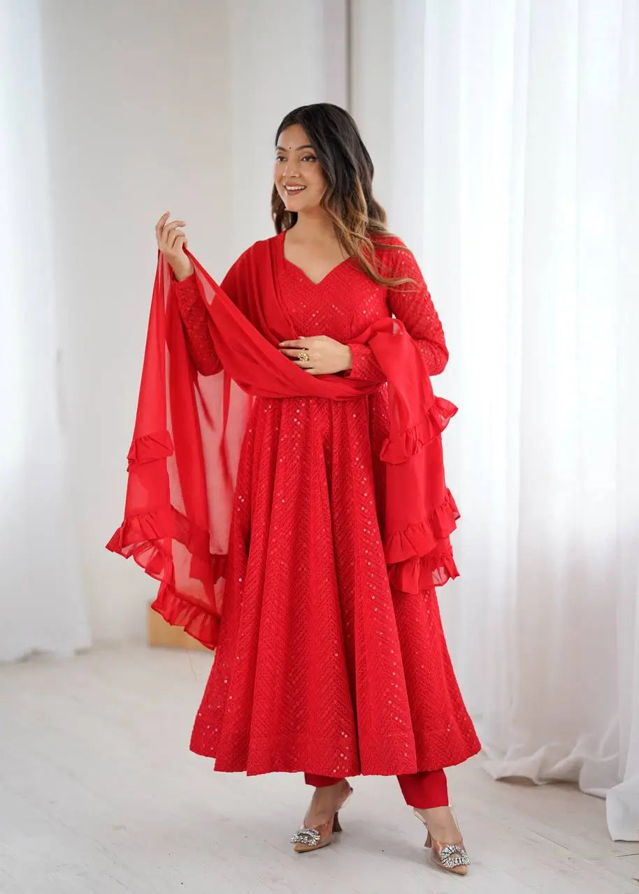 Premium Fox Georgette Lucknowi Sequence Work Anarkali Set with Ruffle Dupatta