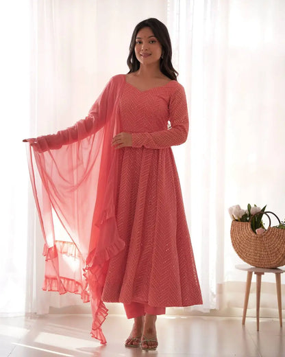Premium Fox Georgette Lucknowi Sequence Work Anarkali Set with Ruffle Dupatta