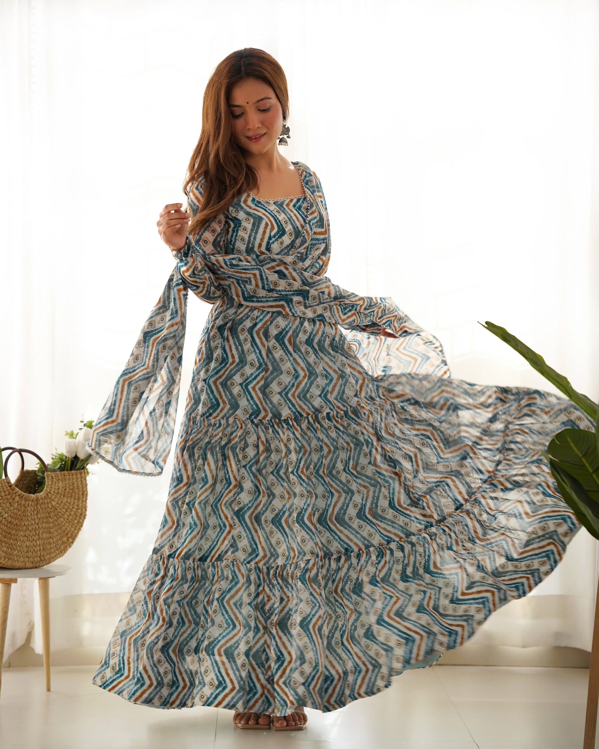 Premium Fox Georgette Zigzag Print Anarkali Set with Dupatta