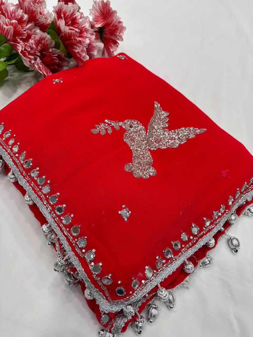 Premium Georgette Handwork Saree with Real Mirror and Khatli Detailing