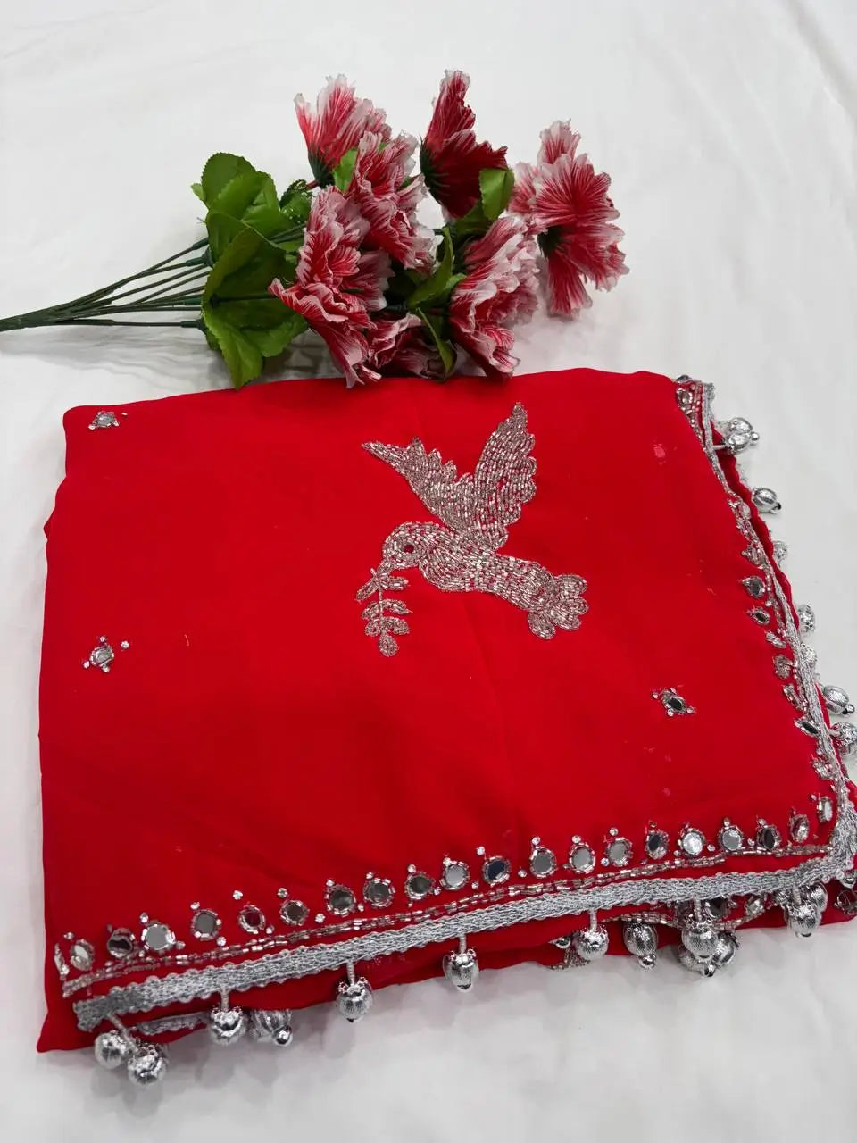 Premium Georgette Handwork Saree with Real Mirror and Khatli Detailing