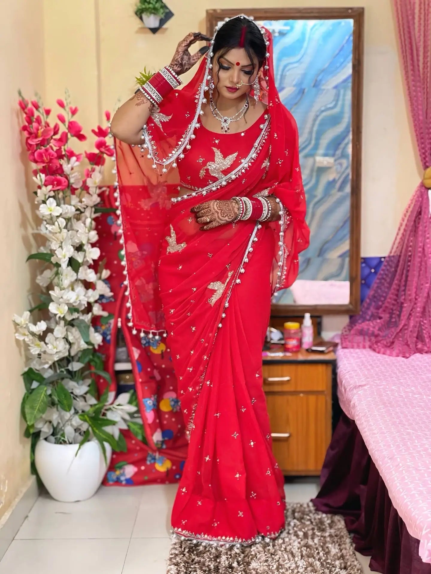 Premium Georgette Handwork Saree with Real Mirror and Khatli Detailing