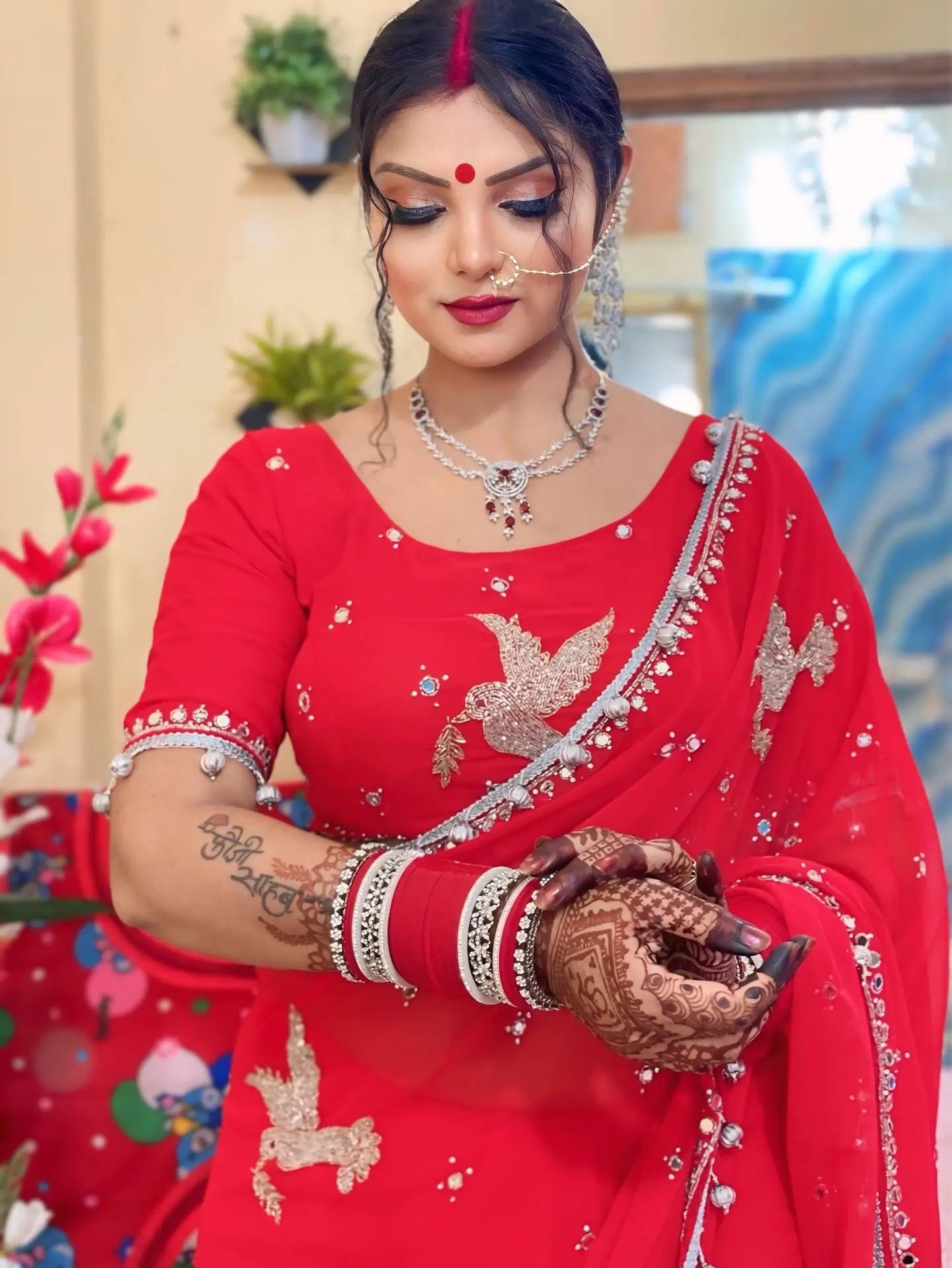 Premium Georgette Handwork Saree with Real Mirror and Khatli Detailing