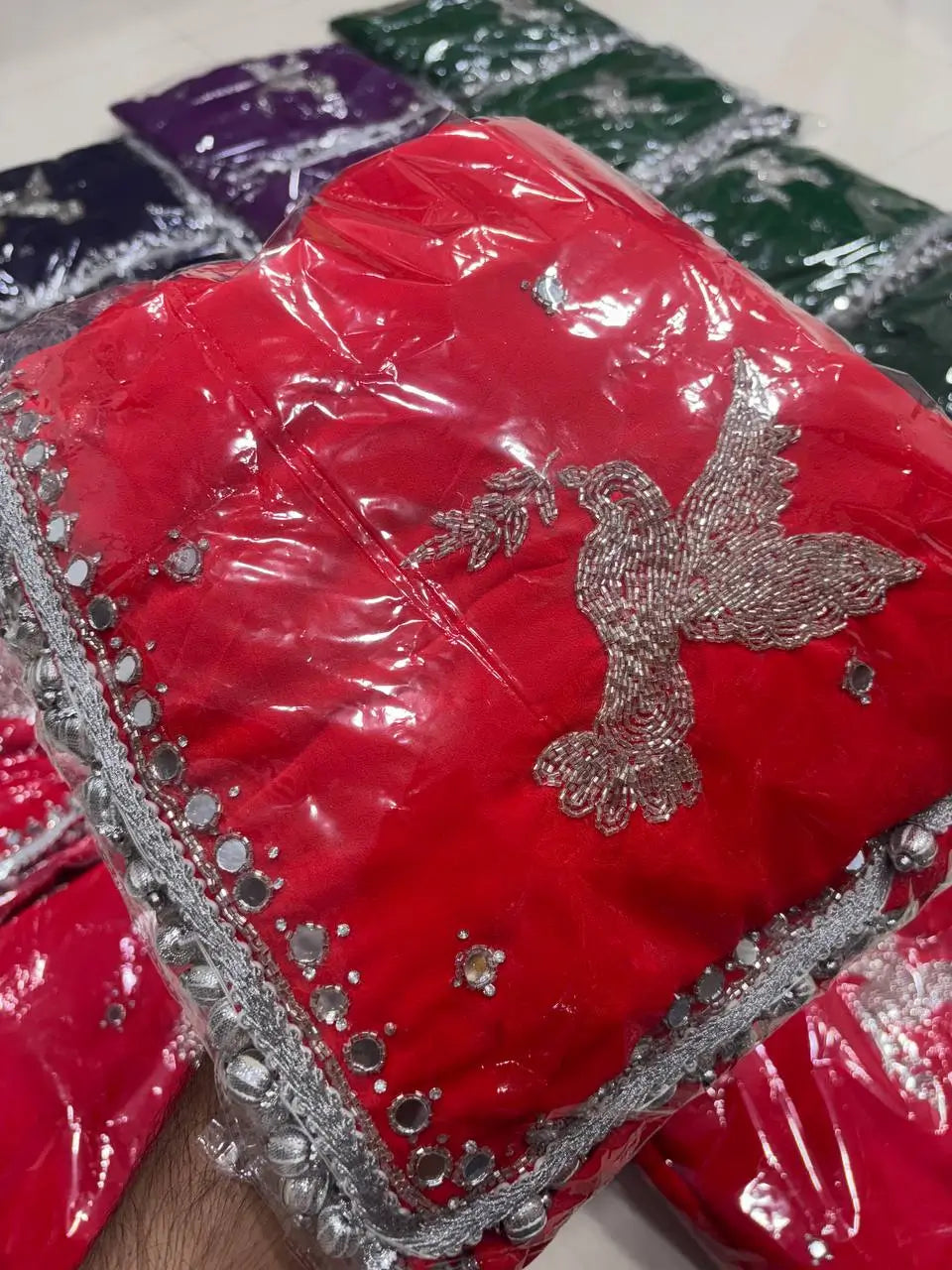 Premium Georgette Handwork Saree with Real Mirror and Khatli Detailing