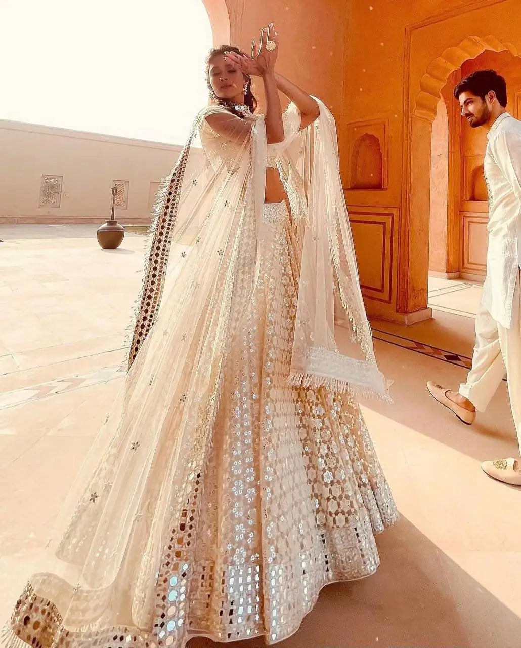 Premium Georgette Paper Mirror Embroidered Lehenga Set