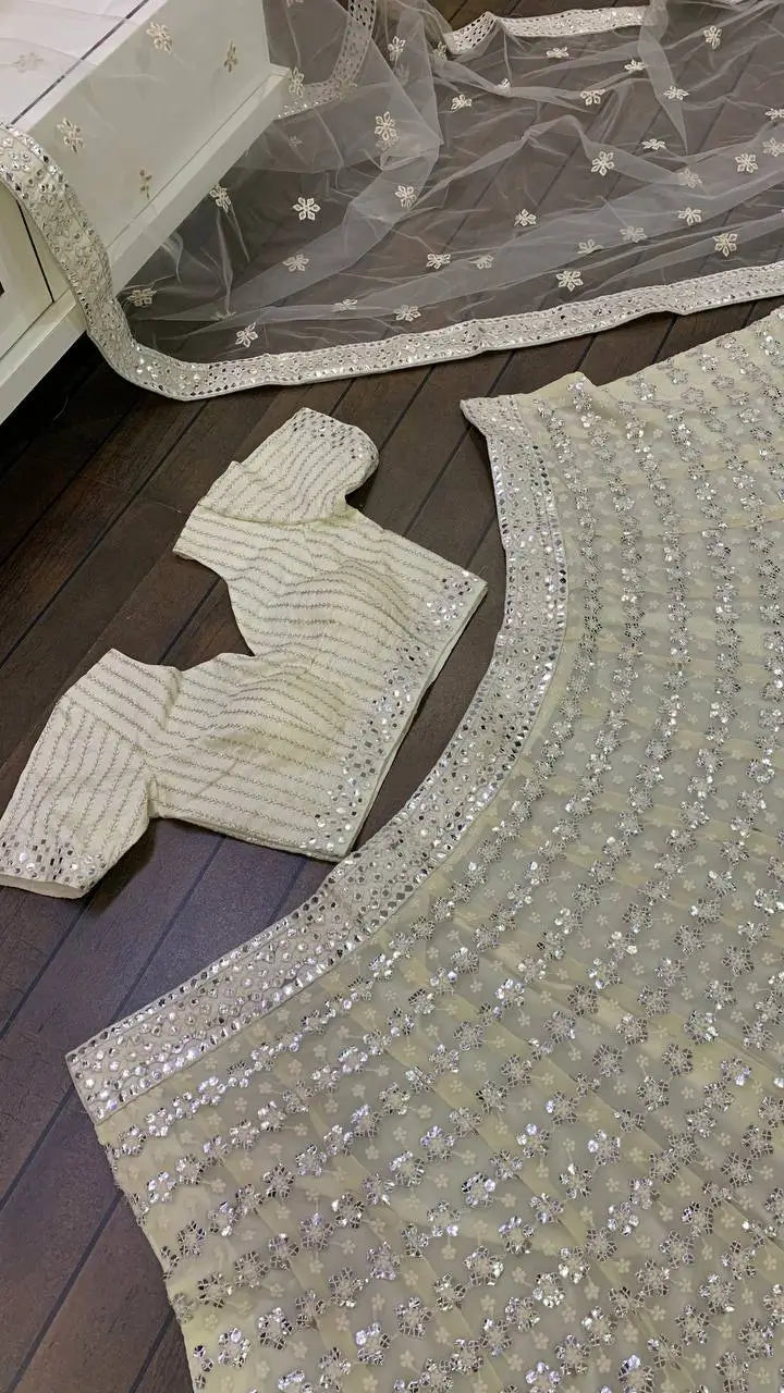 Premium Georgette Paper Mirror Embroidered Lehenga Set