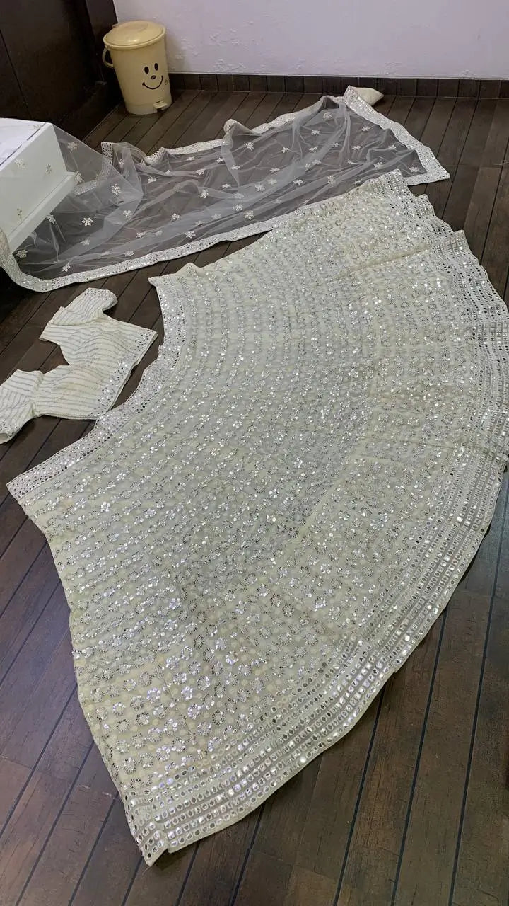 Premium Georgette Paper Mirror Embroidered Lehenga Set