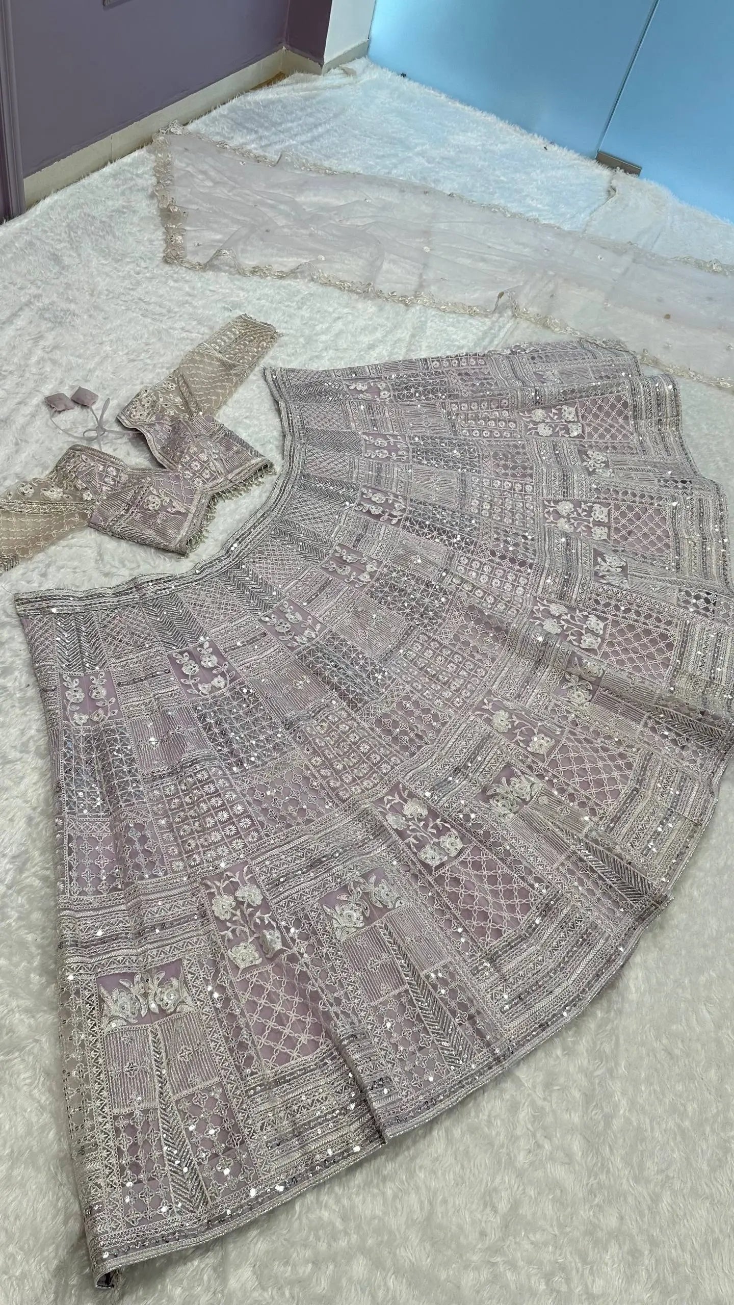 Premium Georgette Thread Paper Mirror Embroidered Lehenga Set