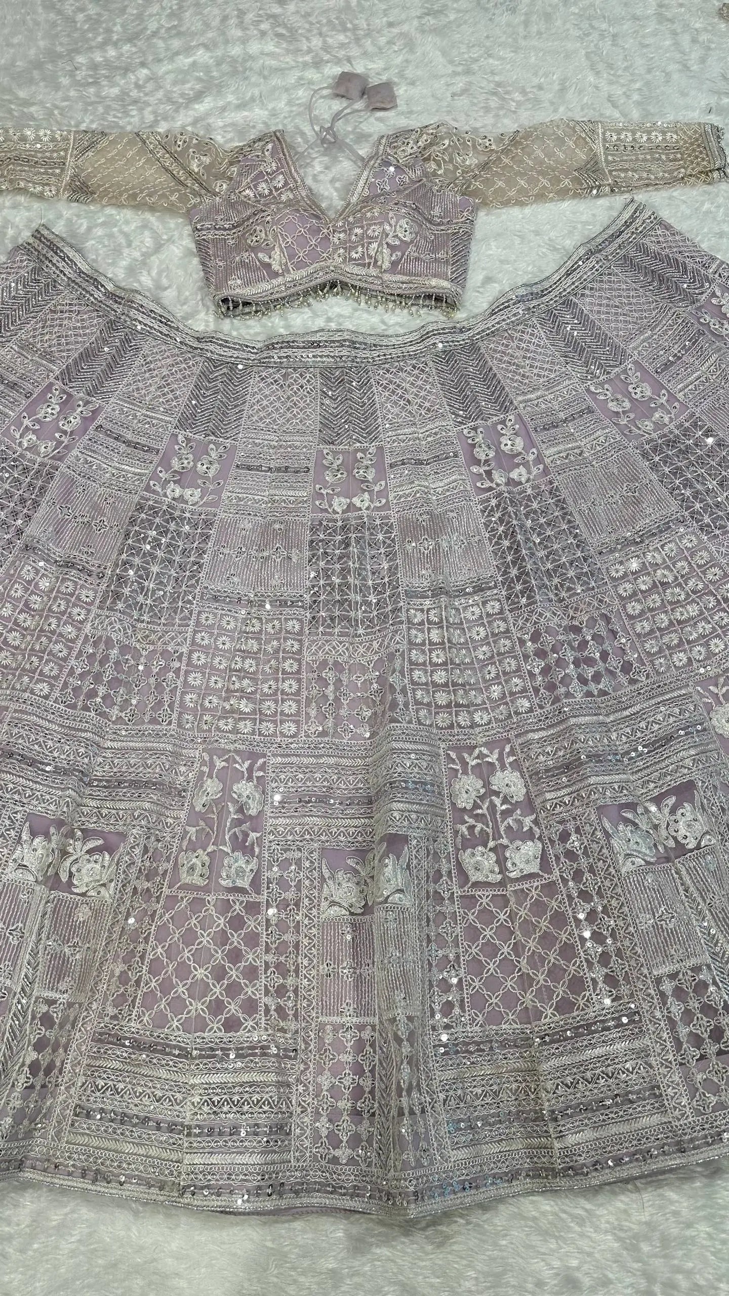 Premium Georgette Thread Paper Mirror Embroidered Lehenga Set