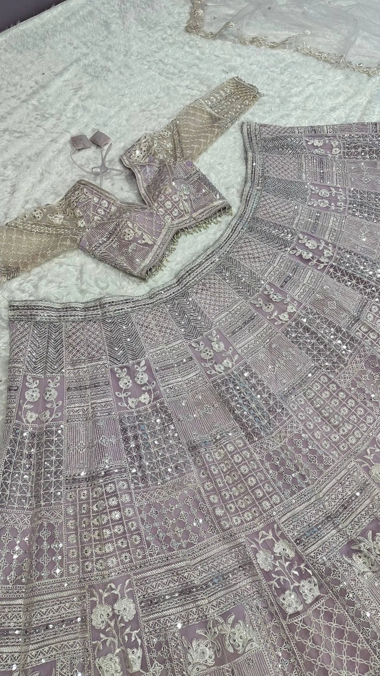 Premium Georgette Thread Paper Mirror Embroidered Lehenga Set