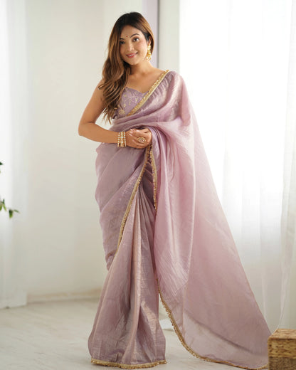 Premium Gold Crush Tissue Silk Pre-Draped Saree with Embroidered Blouse