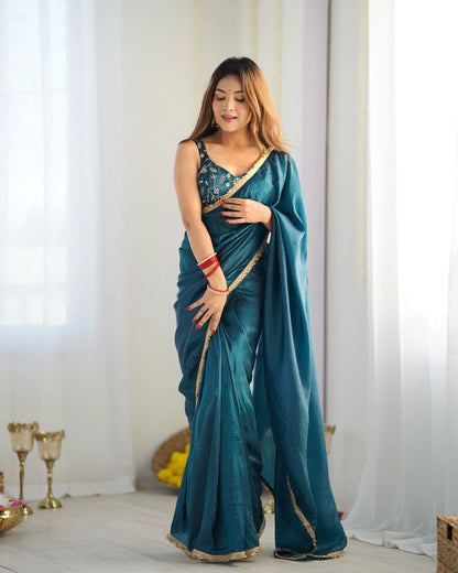 Premium Gold Crush Tissue Silk Pre-Draped Saree with Embroidered Blouse