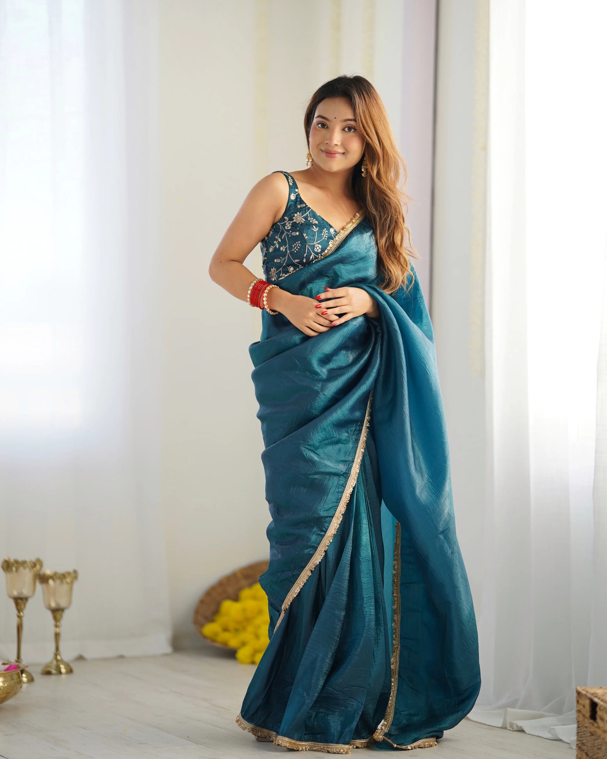 Premium Gold Crush Tissue Silk Pre-Draped Saree with Embroidered Blouse