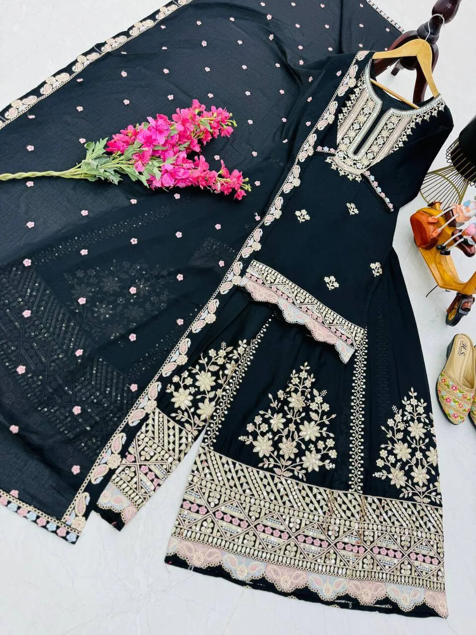 Premium Heavy Chinon Silk Sharara Set with Sequins Embroidery