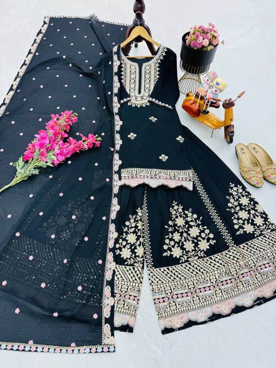 Premium Heavy Chinon Silk Sharara Set with Sequins Embroidery