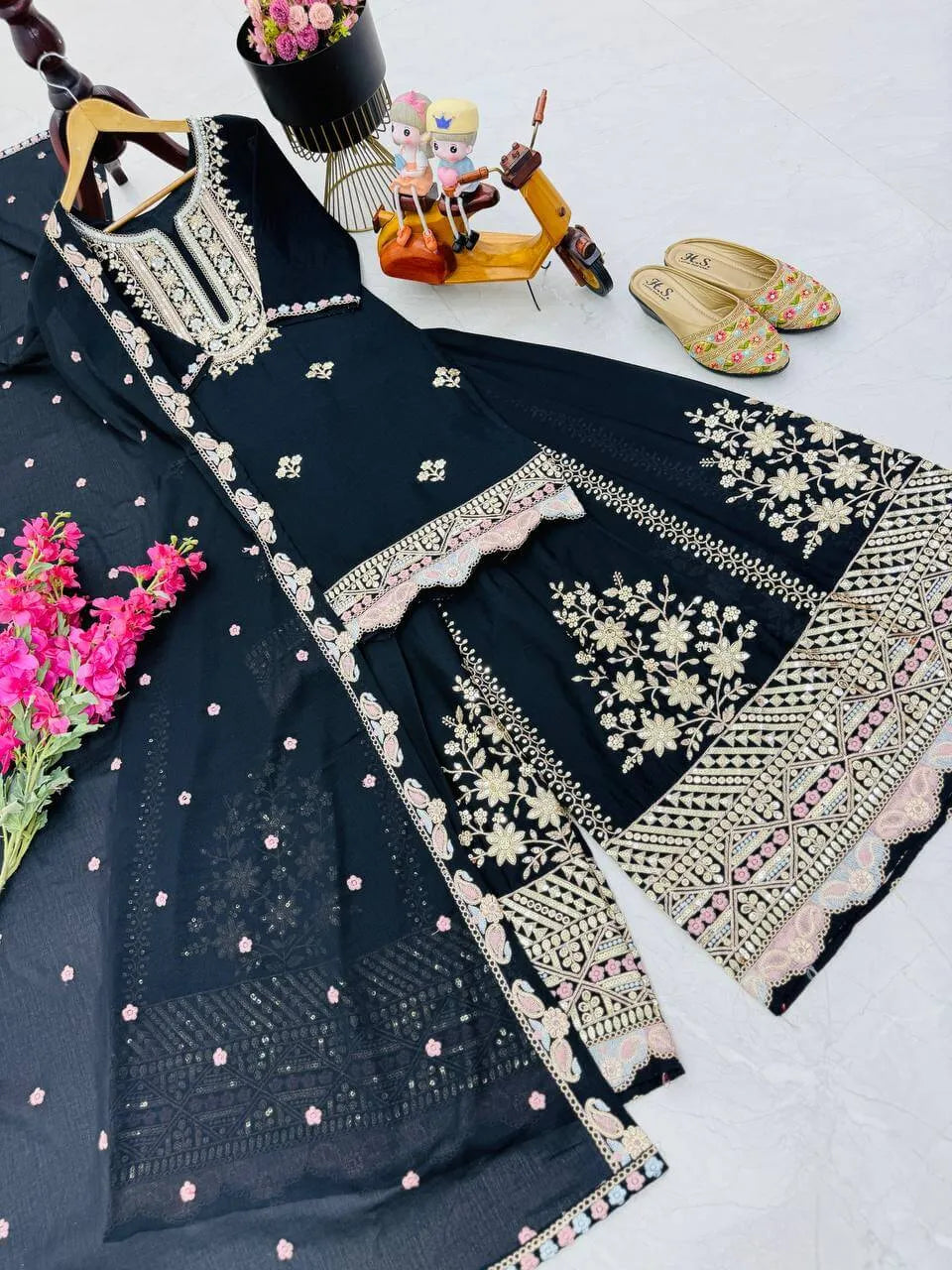 Premium Heavy Chinon Silk Sharara Set with Sequins Embroidery