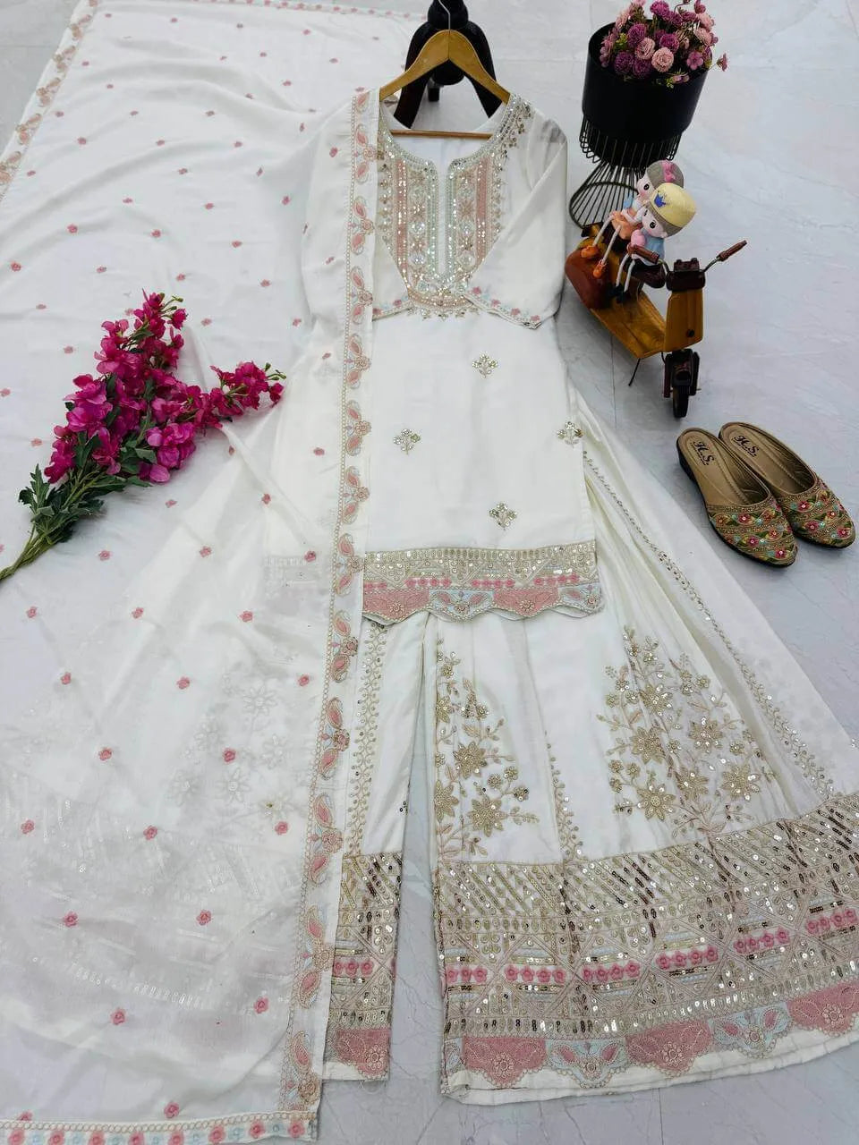 Premium Heavy Chinon Silk Sharara Set with Sequins Embroidery