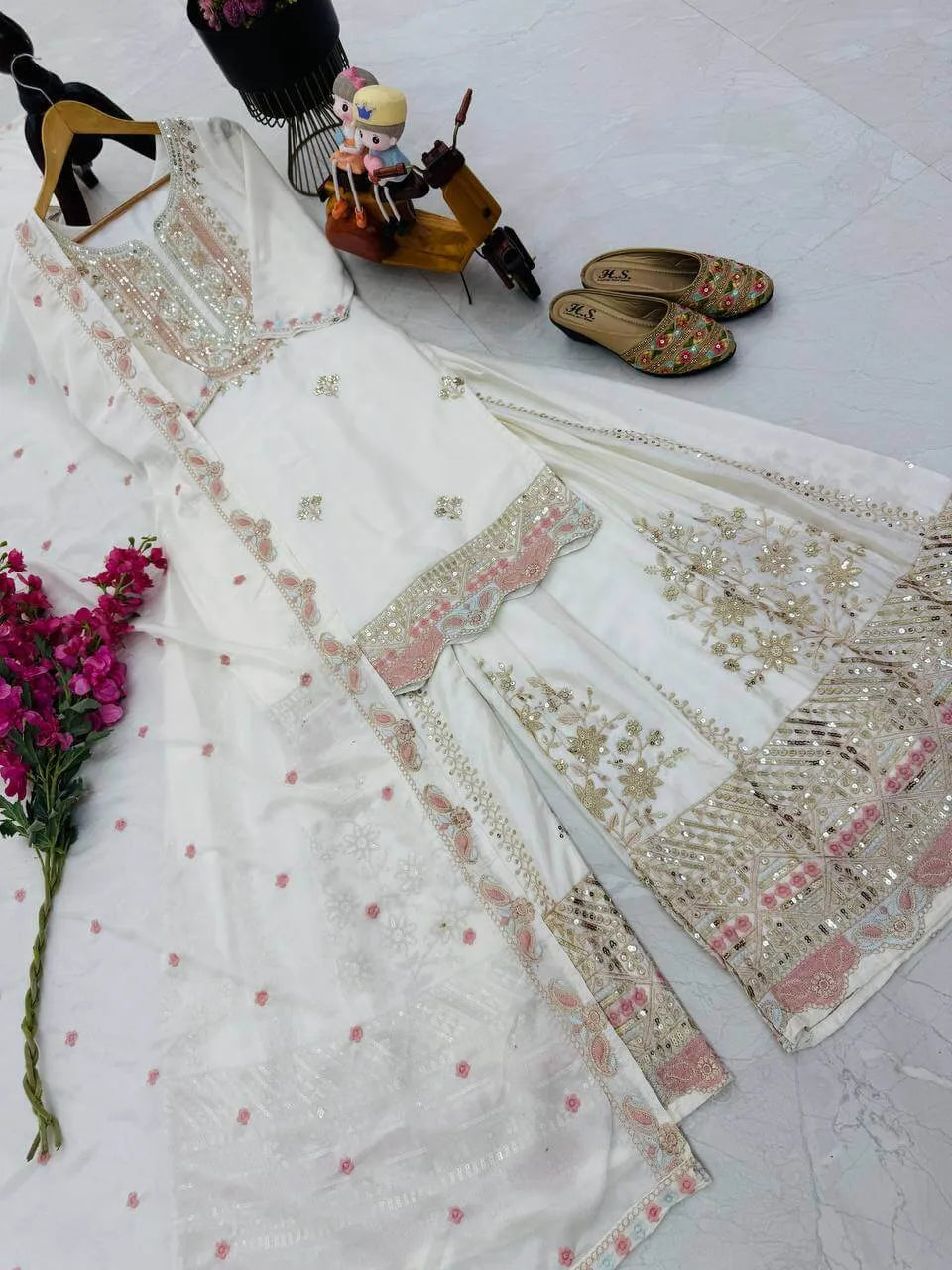 Premium Heavy Chinon Silk Sharara Set with Sequins Embroidery