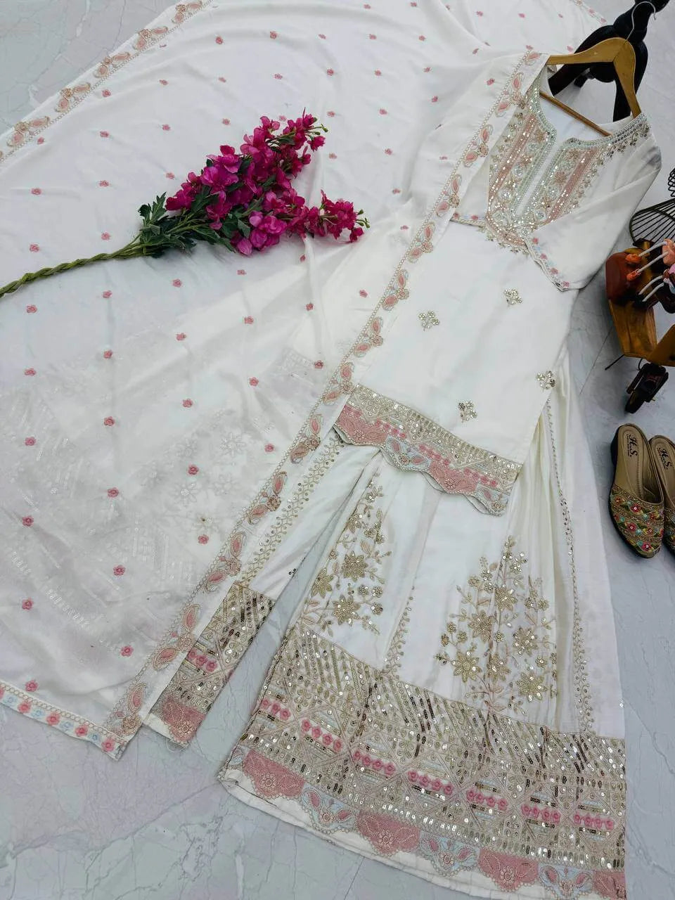 Premium Heavy Chinon Silk Sharara Set with Sequins Embroidery