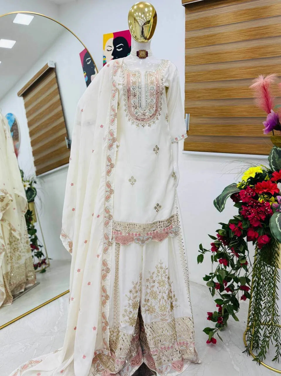 Premium Heavy Chinon Silk Sharara Set with Sequins Embroidery