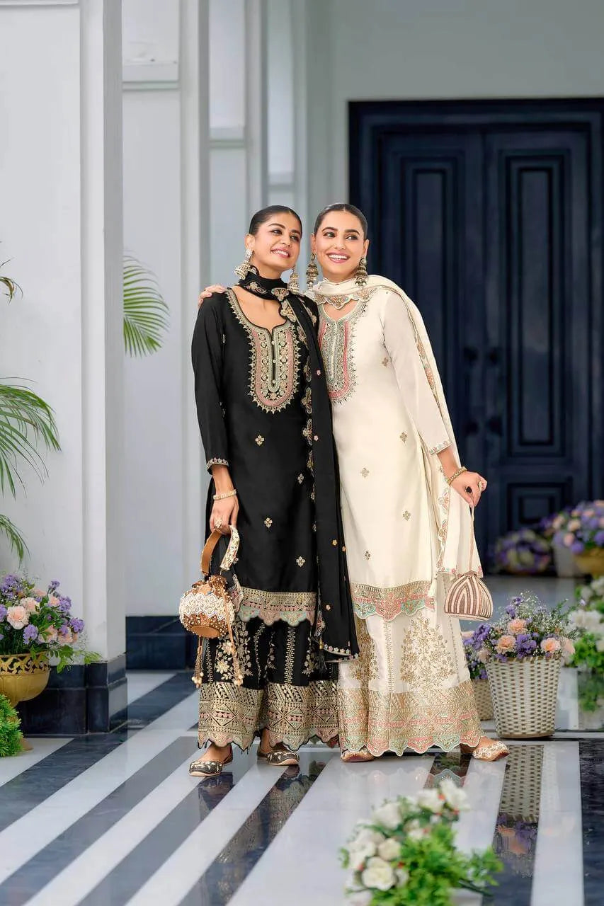 Premium Heavy Chinon Silk Sharara Set with Sequins Embroidery