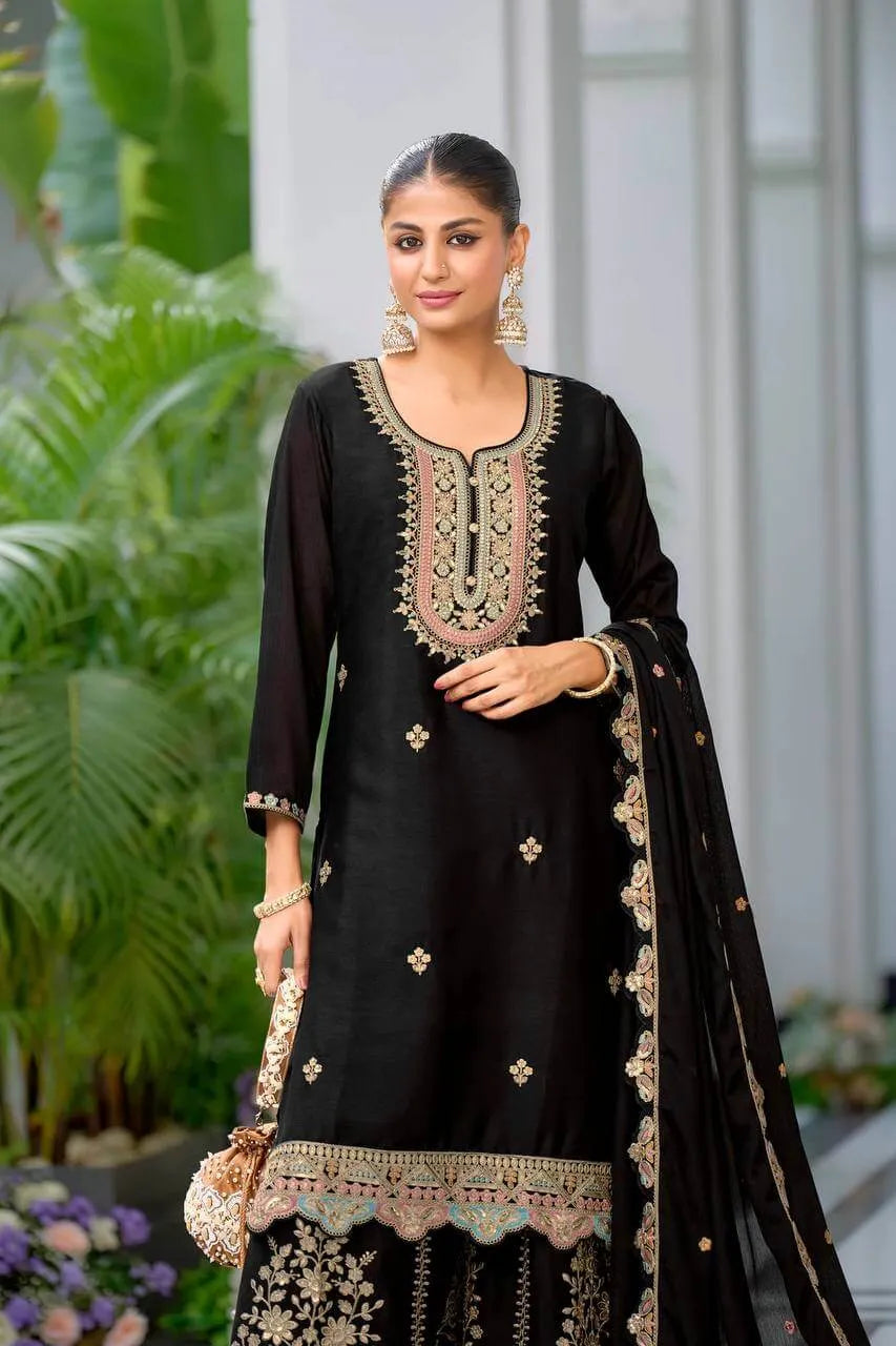 Premium Heavy Chinon Silk Sharara Set with Sequins Embroidery