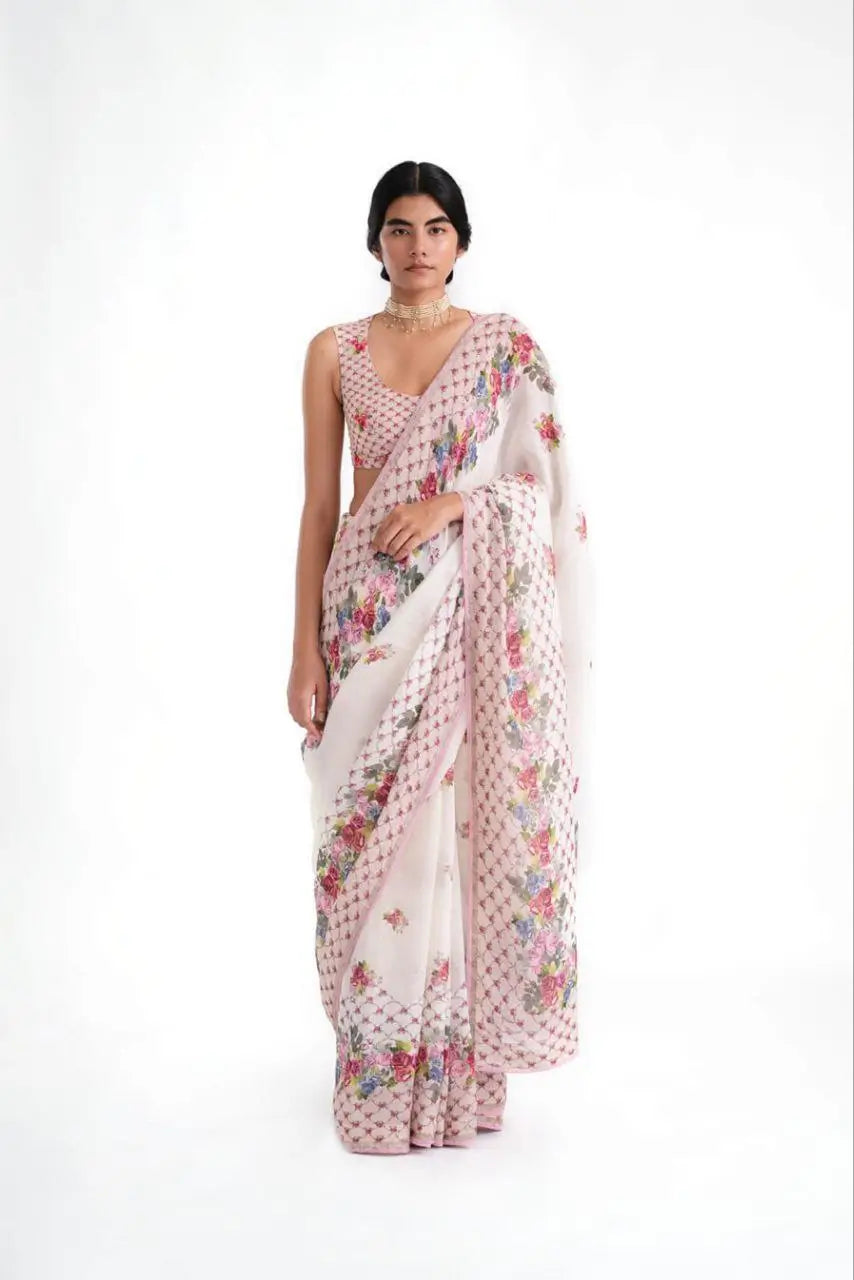 Premium Linen Cotton Digital Printed Saree with Blouse