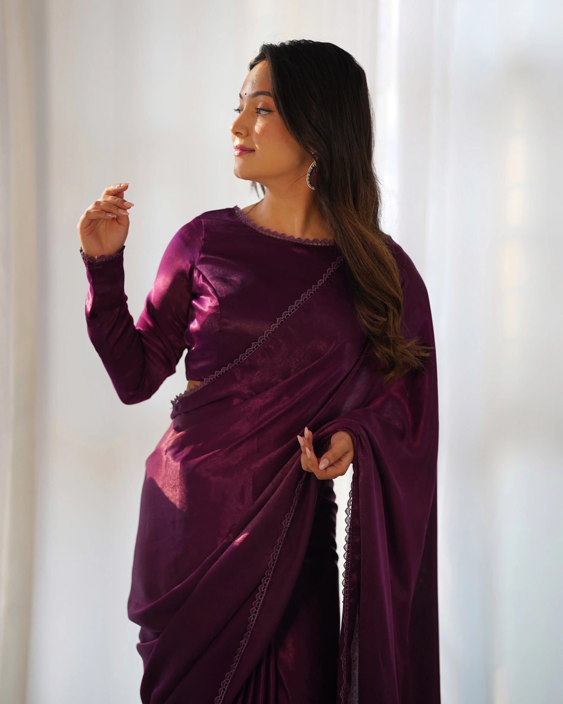 Premium Marble Velvet Pre-Draped Saree with Lace Border and Blouse