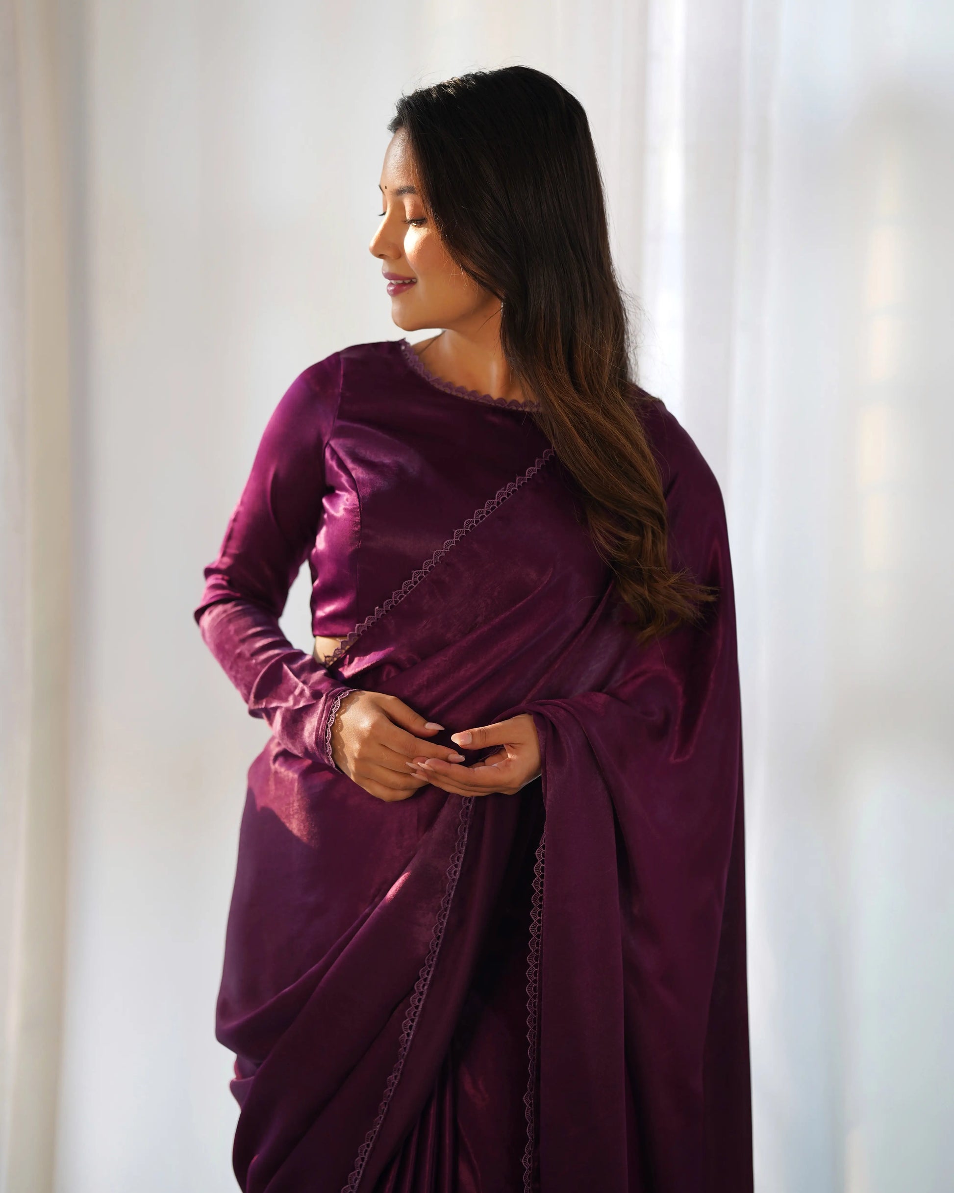 Premium Marble Velvet Pre-Draped Saree with Lace Border and Blouse